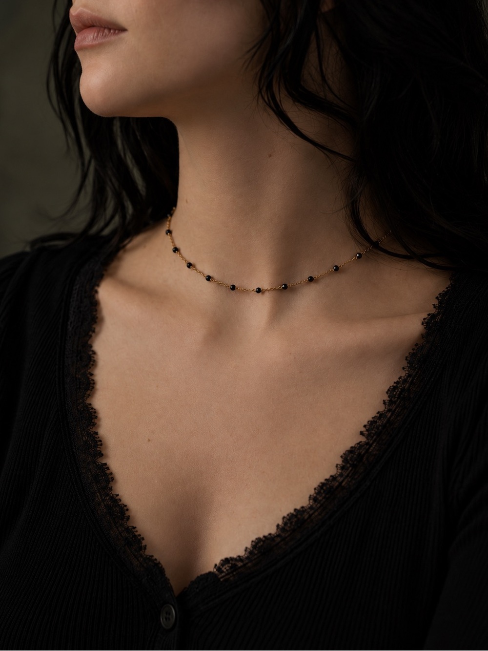 Delicate Black onyx Bead Gold Chain Choker Necklace - Women Jewelry
